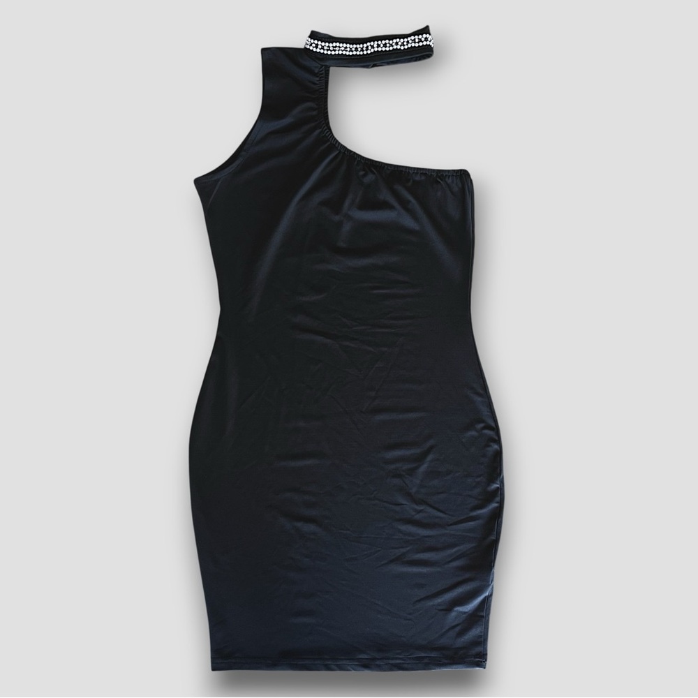 CBR Black One-Shoulder Satin Dress with Pearl Strap | Size S